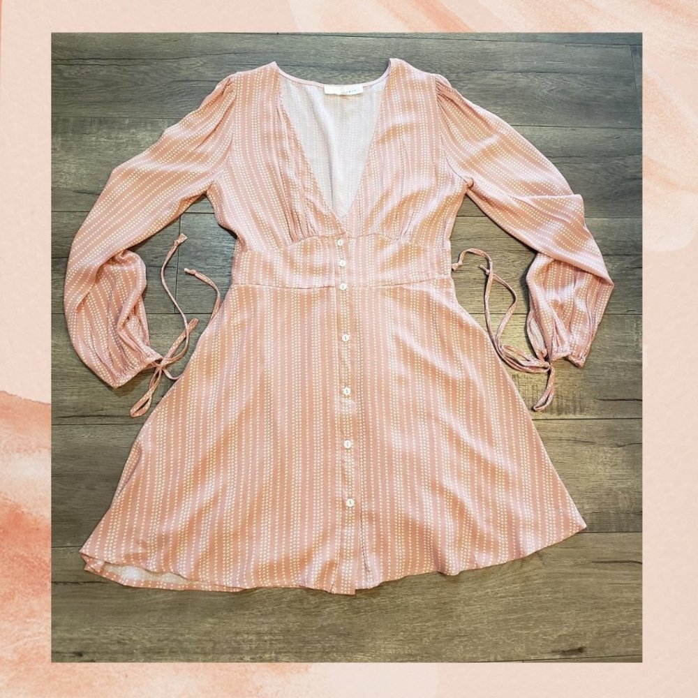 Pink Button Front Long Delicate Sleeve Mini V-Neck Dress